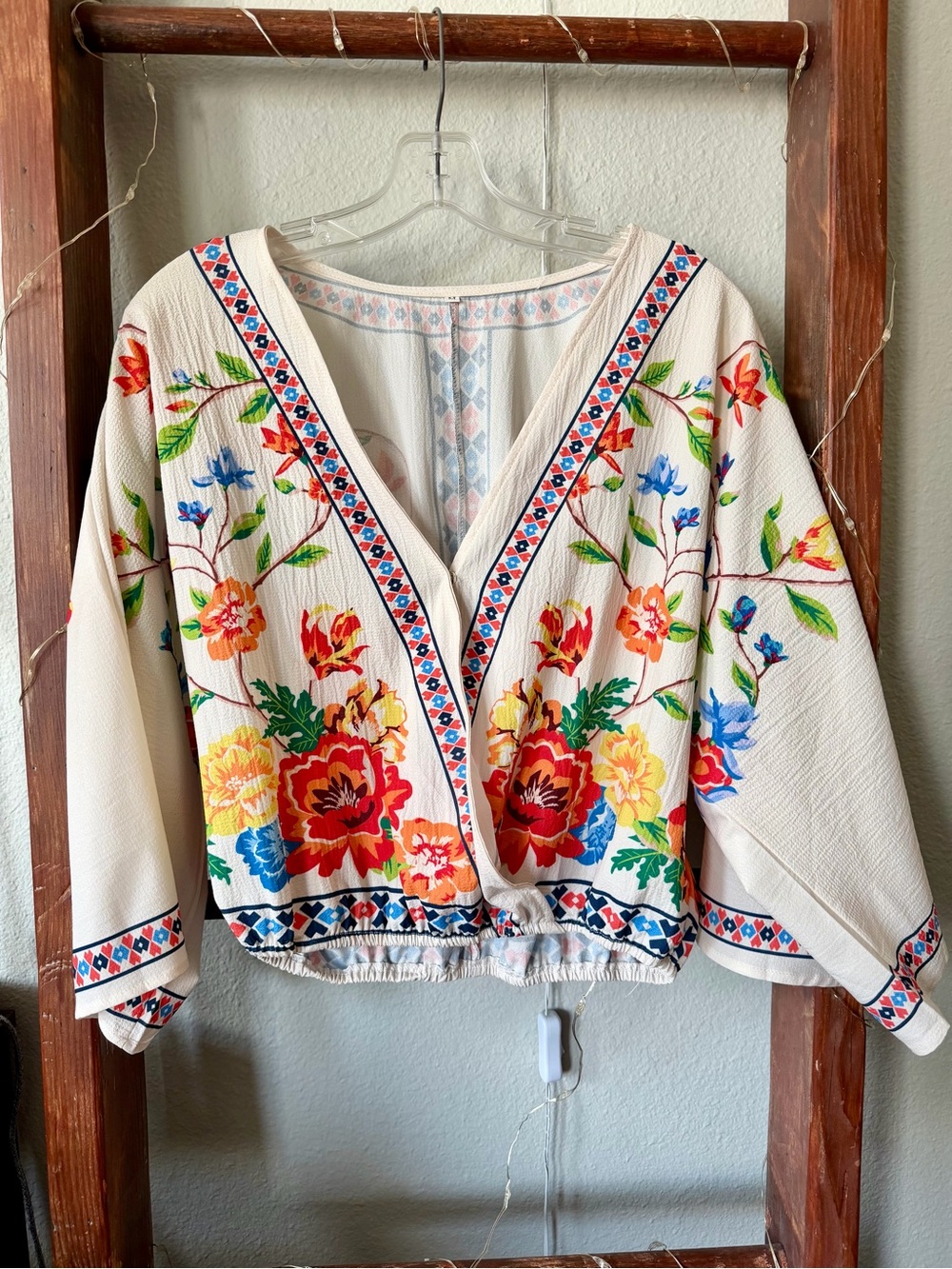 Floral Embroidered V-Neck Women’s Top - Cream with Multicolor Bloom